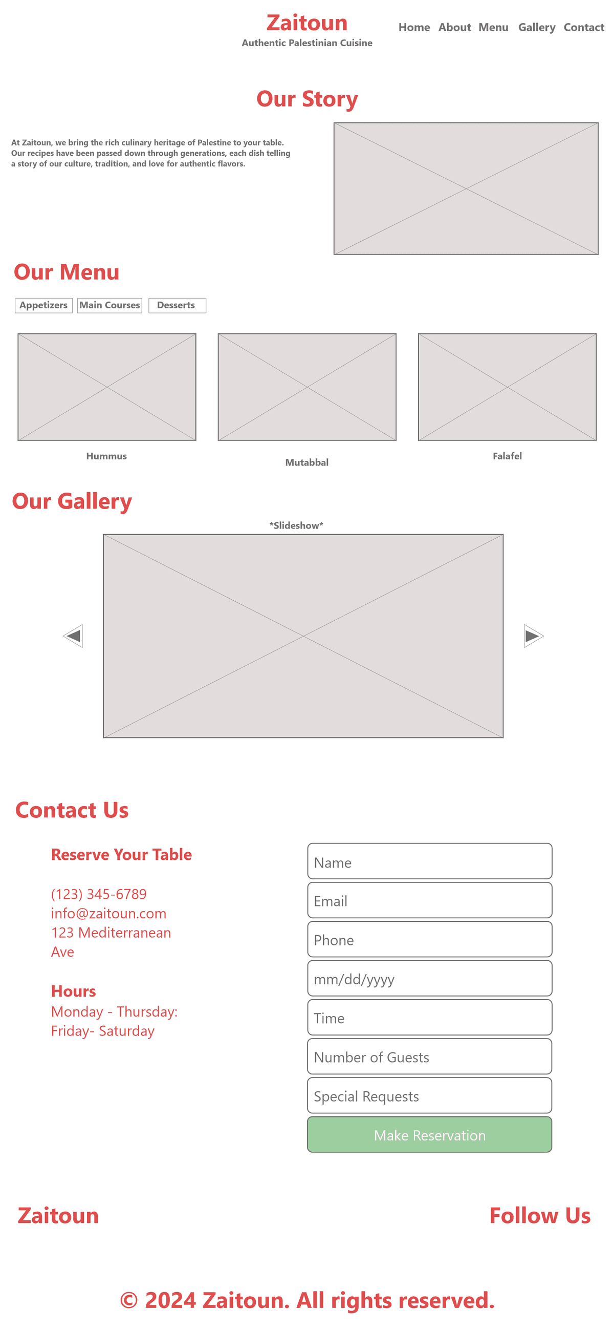Initial wireframe designs for Zaitoun website